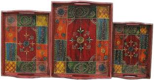 Apkamart Handcrafted Colourful Wooden Serving Tray Set of 3- Utility Article and Gift Tray