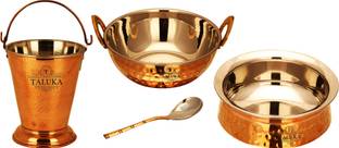 TALUKA Pure Copper Stainless Steel Copper Family Set of 4 Content :- 1 Copper Bucket 1 Copper Steel Kadhai 1 Copper Serving Handi 1 Copper Serving Spoon Pot 12 cm diameter 1 L capacity