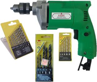 HAWK V-ONE 10Mm Drill Machine +13Pcs Hss Drill Set For Wood,Metal,Plastic & 5Pcs Masonary Drill Set Fo...