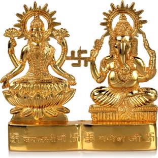 Hashcart Hindu God Laxmi Ganesh Set Statue Idol Murti in Brass (4x4 inch) Decorative Showpiece  -  10.16 cm