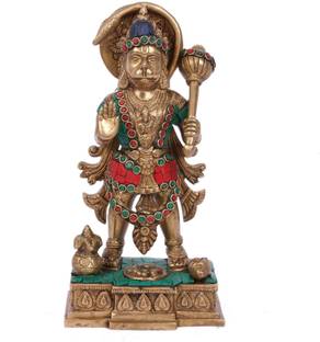 Collectible India 10" Large Lord Standing Brass Hanuman dol - Turquoise Inlay Handwork Decorative Showpiece  -  25 cm