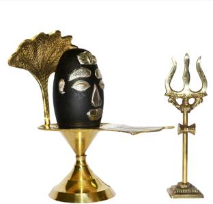 Real Seed Narmedaswar Shivling from River Narmada with Heavy Brass Jilhari and Trishul Decorative Showpiece  -  17 cm
