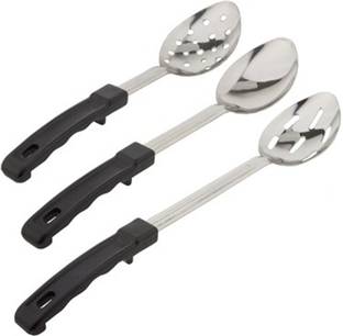 Dynore Set of 3 Stainless Steel Serving Spoons with plastic handle with solid, perforated and slotted holes Stainless Steel Cooking Spoon Set