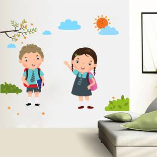 rawpockets 1 cm Back to School Boy and Girl Wall Sticker Self Adhesive Sticker