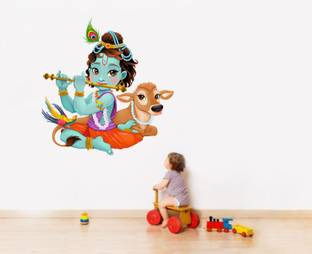 rawpockets 1 cm Lord Krishna Playing Flute With Cow Self Adhesive Sticker