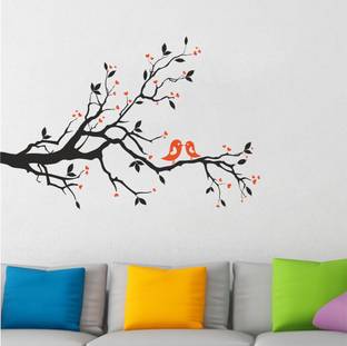 rawpockets 1 cm Black Tree Orange Love Birds Sticker Removable Sticker