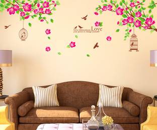 Aquire 75 Wall Sofa Background Branches and Leaves with Cages Birds and Love Quote Vinyl Self Adhesive Sticker