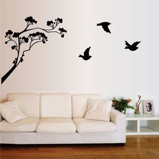 Happy Walls Tree With Flying Birds Silhouette In Black