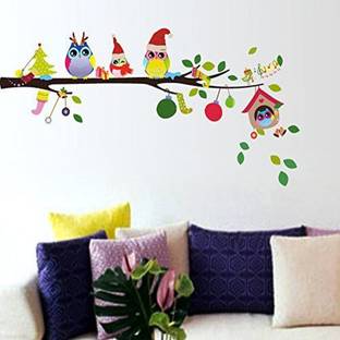 Happy Walls Cute Owl Family Celebrating Christmas With Gifts In Winter Outfit On A Tree Branch