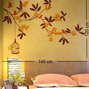 Happy Walls Beautiful Brown Leaves With Orange Flowers, Birds & Cage