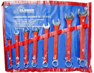 Globus ELLIPTICAL MODEL , MIRROR CHROME FINISH, SET/8 ( 8-19) NON-SLIP PVC SLEEVE Double Sided Combination Wrench