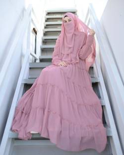 Emaan Outfits Cotton Blend, Polyester Self Design Abaya With Hijab