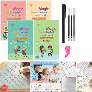 valuableplus Magic Practice Copybook, (4 BOOK, 1 PEN, 5 REFILL) Number Tracing Book with Pen Accessory Tape Dot