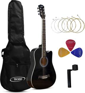 Techno 38-Inch Acoustic Guitar 38CG Black | Combo Pack with Bag, Strings, Picks Acoustic Guitar Mahogany Rosewood Right Hand Orientation