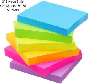AirSoft Super Sticky Notes, 2X Sticking Power, 3x3 inch (Neon Colour) Fluorescent Paper 400 Sheets Regular, 5 Colors