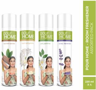 POUR HOME Sacred Sandal, Rajni Gandha, Jasmine & Lavender Room Freshener Combo (Pack of 4) Spray Sacred Sandal | Rajni Gandha | Jasmine & Lavender Room Freshener Combo (Pack of 4)