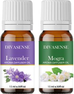 Divasense Lavender, Mogra Aroma Oil, Diffuser, Diffuser Set, Potpourri, Refill Aroma Essential Oils for Diffuser Lavender and Mogra of 15ml Each | Aroma Oil Diffuser for Home Fragrance | Set of 2