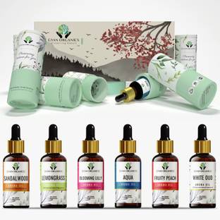 Gyan Organics Sandalwood, Lilly, Lemongrass, Aqua, Wight Oudh, Fruity Peach Car Freshener Aroma Oil Aroma Oil Sandalwood/Lilly/Lemongrass/Aqua/White Oudh/Fruity Peach Diffuser Refill Oil Fragrance Floral Heart Aroma Oil Fragrance for Home Room Office & Washrooms
