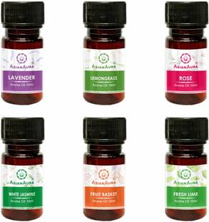 Asian Aura Lavender, Lemongrass, Rose, White Jasmine, Fruit Basket and Fresh Lime Aroma Oil 10ml each Aroma Diffuser Oil/ Burner Oil, pack of 6- 10ml Fresh Lime, Rosy Romance, Lemongrass, English Lavender, White Jasmine, Fruit Basket