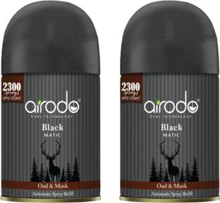 AIRODO Black Matic Air Freshner With Dual Technology Oud & MusK upto 75 days Pack of 2 Car Freshener Automatic Spray Black Matic Air Freshner With Dual Technology Oud & MusK upto 75 days Pack of 2