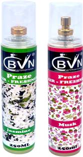BVN International Jasmine & Musk Spray Air Room Freshener Spray Combo of 2 (250ml each) |Jasmine, Musk Fragrances | Long-lasting Odour Eliminator for Home, Hotel Rooms, Toilet & Office Use
