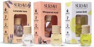 SURAAVI Lavender Lane, Lemon Drift, Whispered Musk Car Freshener Diffuser Set Premium Car Perfume Air Freshener Hanging Pod Set of 3 | Lavender Lane, Lemon Drift & Whispered Musk Car Fragrance Oil Diffuser | Glass Bottle Wooden Cap | Long Lasting Freshness 30 Days 8ML Each