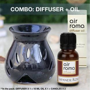 Airroma Japanese Rose Diffuser, Diffuser Set, Aroma Oil Ceramic Aroma Diffuser Oil Burner(Black) with 10ml Japanese Rose Diffuser Oil & 2 Pcs Candles