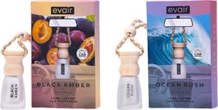 EVAIR Pack Of 2 (Black Amber & Ocean Rush) Car Freshener Diffuser Car Air Freshener with Essential Oils Fragrance in Glass Bottle
