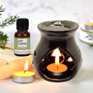 Airroma Aroma Gift Set Oil Burner Aroma Diffuser Black (Free 2 Tea Light Candles & 10 ml Lemon Grass Aroma Oil) Diffuser, Diffuser Set, Aroma Oil Diffuser Oil Burner Gift Set