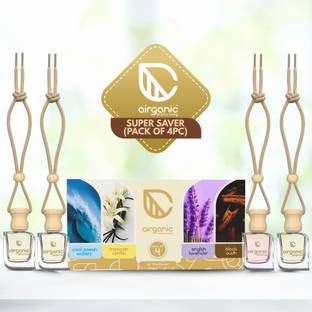Airganic Aroma Swing pack 4 combo: Cool Ocean , Mexican Vanilla, Lavender & Black Oudh Car Freshener Diffuser Aroma with Essential Oils in Glass Bottle with Wooden Diffuser Lid| Car Hanging Accessories| Car Accessories Interior (4 x 10 ml)