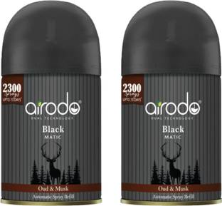 AIRODO Black Matic Air Freshner With Dual Technology Oud & MusK upto 75 days Pack of 2 Car Freshener Automatic Spray Black Matic Air Freshner With Dual Technology Oud & MusK upto 75 days Pack of 2