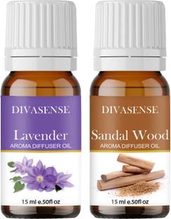 Divasense Lavender, Sandal Wood Aroma Oil, Diffuser, Diffuser Set, Potpourri, Refill Aroma Essential Oils for Diffuser Lavender and Sandal Wood of 15ml Each | Aroma Oil Diffuser for Home Fragrance | Set of 2