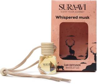 SURAAVI Whispered Musk Car Freshener Diffuser Set Premium Car Perfume Air Freshener Hanging Pod – Whispered Musk Oil Diffuser in Cute Glass Bottle with Wooden Cap | Long Lasting Car Fragrance up to 30 Days