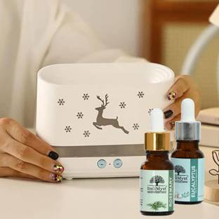 indimyst Rosemary, Eucalyptus, Deer Design Diffuser Set, Aroma Oil Combo Pack of 2 Essential Oils (15 ml each) & Deer Design Flame Diffuser/Humidifier - 100% Pure, Aromatherapy Oils (Rosemary & Eucalyptus)
