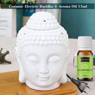 Divasense Ceramic Electric Buddha Aroma Diffuser Night Lamp with Lemongrass Fragrance 15ml Aroma Oil, Diffuser Set Electric Ceramic Buddha Diffuser Oil Burner Night Lamp with 15ml Aroma Oil