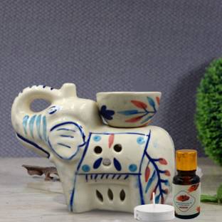 Home Delight Elephant Shape Ceramic Blue Diffuser With 10ml Sandal Wood Fragrance Oil Diffuser Set, Aroma Oil HD-Elephant-Diffuser-White-SandalCinnamon-01