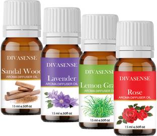 Divasense Sandal Wood, Lavender, Lemon Grass, Rose Aroma Oil, Diffuser Set, Diffuser, Potpourri, Refill Essential Oils for Diffuser Sandal Wood, Lavender, Lemong Grass and Rose of 15ml Each | Aroma Oil Diffuser for Home Fragrance | Set of 4
