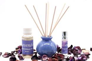 HOMEDECOR Lavender Aroma Oil, Potpourri, Diffuser, Fridge Freshener, Spray, Diffuser Set, Automatic Spray, Blocks, Refill Ceremic Reed Diffuser & Potpourri FRAGANCE Gift Pack - Lavender Diffuser 60ml & Potpourri 5 ml Fragance Oil, Reed Stick with Decorative Potpourri N Pot -0314LG - Sold by KAH