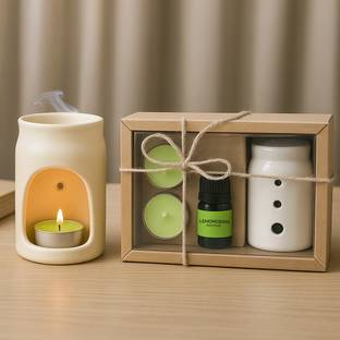 Floryn decor Lemongrass Diffuser Set Aroma Diffuser Set – Ceramic Oil Burner with 2 Tealight Candles & 10ml Essential Oil