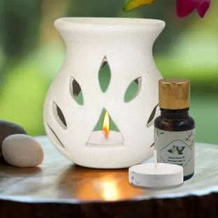 Home Delight Medium Ceramic White Diffuser With 10ml Jasmine Fragrance, One Tea Lights Candle Diffuser Set, Aroma Oil HD-M-Diffuser-White-Jasmine-01