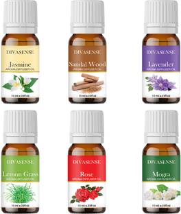 Divasense Scented Diffuser Air Fresheners Jasmine, Lemongrass Sandal Lavender Mogra Diffuser High Scented Aroma Oils Fragrance Set Of 6 For Diffuser, Air Freshners Aroma Oil Jasmine,Lemon Grass, Sandalwood, Lavender, Mogra