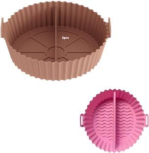TRUJVE 2p Air Fryer Liner Round Silicone Basket Baking Tray Pot with Divider Ear Handle Air Fryer
