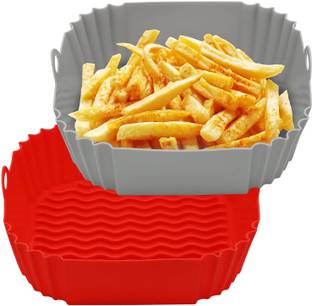 Smoothen Air Fryer Liners Square Silicone Basket Baking Tray Pot with Ear Handles 2-Pack Airfryer Grill Pan
