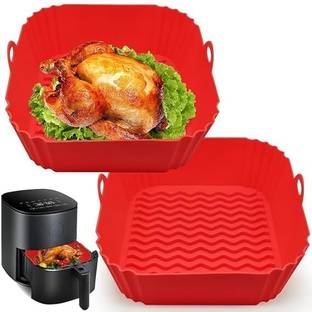 ZOVISU Air Fryer Liners Square Silicone Basket Baking Tray Pot with Ear Handles 2-Pack Airfryer Grill Pan