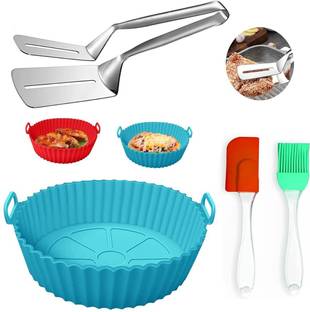 SANCORP Sillicone air fryer baking tray with Stainless Steel tong & Oil Brush Spatula Kitchen Tool Set