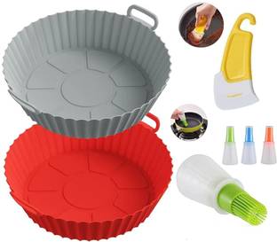 SCIVER 4-Pack , 2 pcs-Air Fryer Reusable Silicone pot, 1 pc-Oil Brush set & scrapper Airfryer Grill Pan