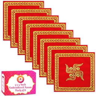 Bhakti Lehar (Size: 5" X 5" Inch) Small Swastik Zari Design Red Velvet Chowki Aasan Cloth for Puja, Home Mandir, Temple and God Idol Sitting Altar Cloth