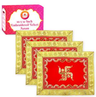 Bhakti Lehar ( 10 x 12 Inch ) Fancy Swastik Design Velvet Red Pooja Aasan Cloth for Mandir Altar Cloth