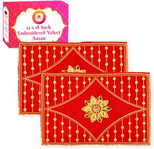 Bhakti Lehar ( Size: 12" X 18" Inch ) Embroidered Big Size Red Maroon Velvet Puja Aasan Chowki Cloth for God | Laal Pooja Asana Kapda for Mandir, Temple, Bajot and God Assan Altar Cloth