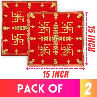 Bhakti Lehar ( 15 x 15 Inch ) Embroidery Swastik Design Velvet Red Pooja Aasan Chowki Altar Cloth